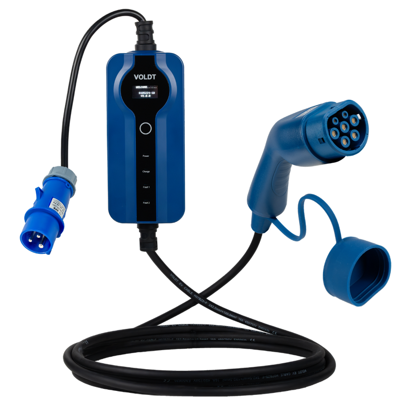 Type 2 - 16A blå CEE kontakt | 1 fase | Justerbar 8A - 16a | 3,7kW | Ladekabel for elbil