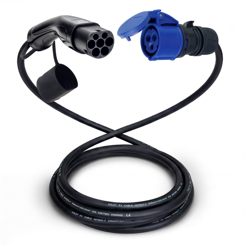 Adapterkabel type 2 (ladestasjonssiden) til 3-polet blå CEE kontakt